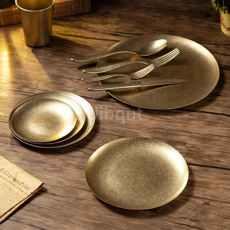 Gold Vintage Industrial Style Metal Dinner Plate Stainless Steel Outdoor Camping Western Food Plates French Restaurant Bone Dish