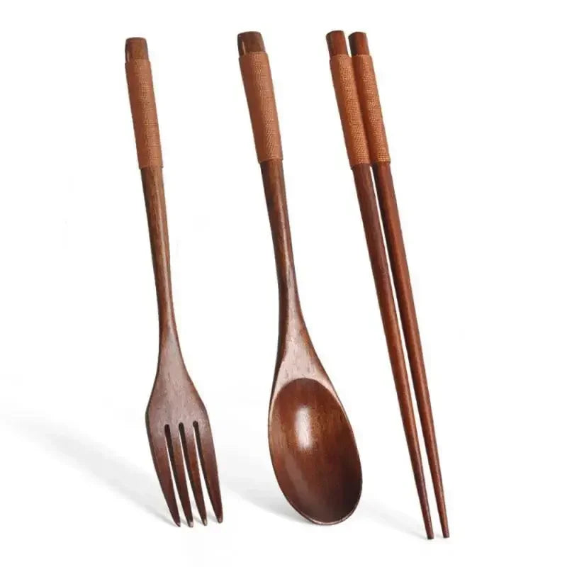 3 Piece Set Stainless Steel Cutlery Wooden Tableware Coffees and Teas Tableware Forks Spoon Korean Plates Dinner Sets Chopsticks