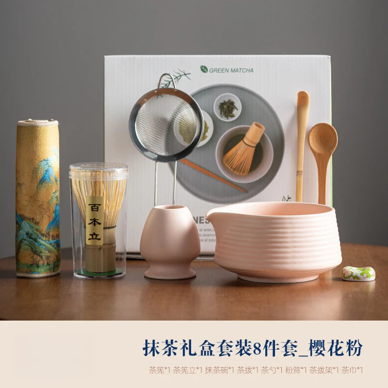 2025 Hot 8PCS Premium Matcha Tea Set Japanese Ceremonial Ceramic Bowl Whisk Gift Set Box Starter Kit Sustainable Eco-Friendly