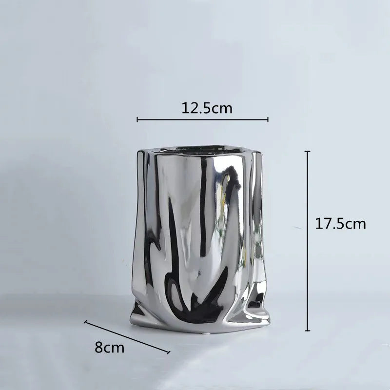 Silver Ruffled Flower Vase Ceramic Vase Porcelain Flower Arrangement Decoration Bag Shape Terrarium Home Decoration Vases Pots