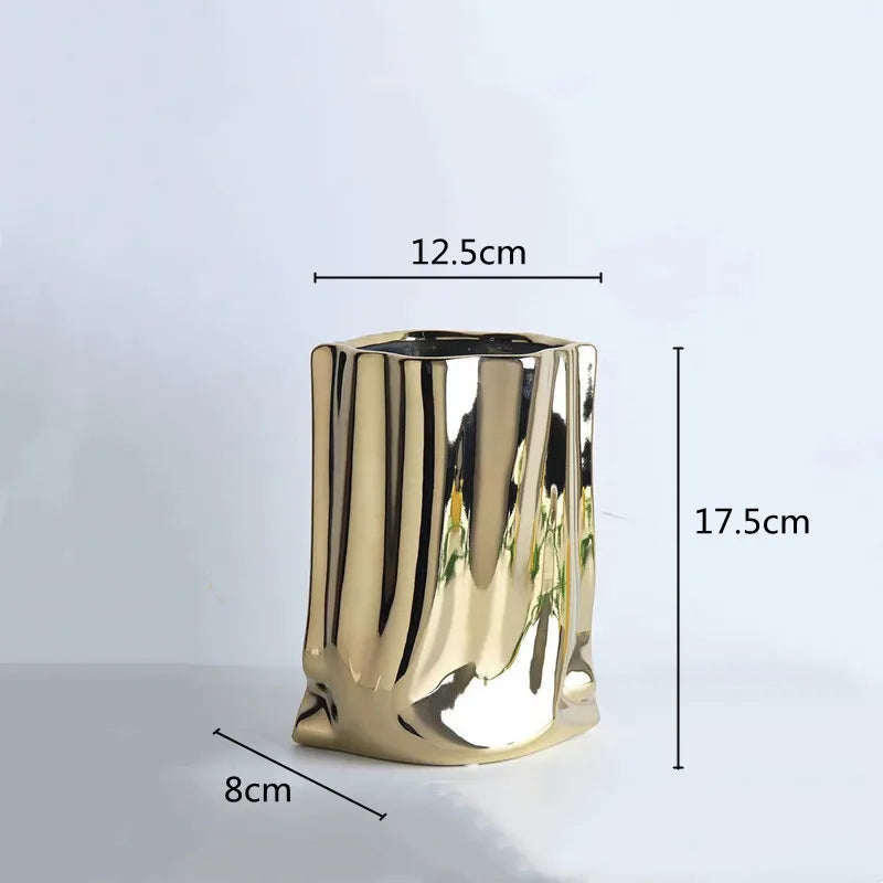 Silver Ruffled Flower Vase Ceramic Vase Porcelain Flower Arrangement Decoration Bag Shape Terrarium Home Decoration Vases Pots