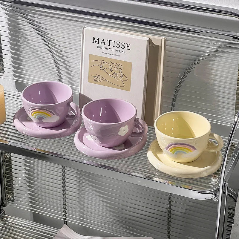 Cute Ceramic Mug for Coffee with Tray Saucer Hand Painted Rainbow Pattern Korean Style Cup for Girls Kids Lovers 250Ml 1 PC