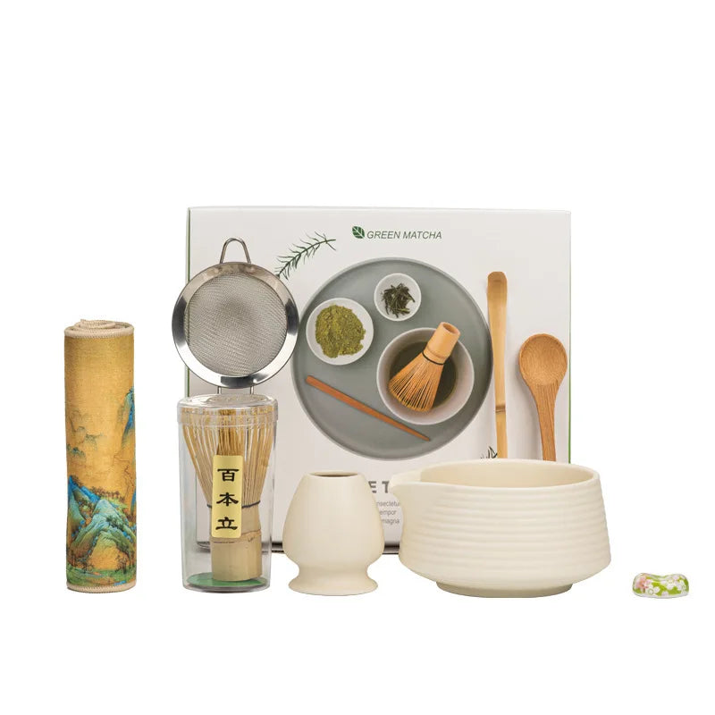 2025 Hot 8PCS Premium Matcha Tea Set Japanese Ceremonial Ceramic Bowl Whisk Gift Set Box Starter Kit Sustainable Eco-Friendly