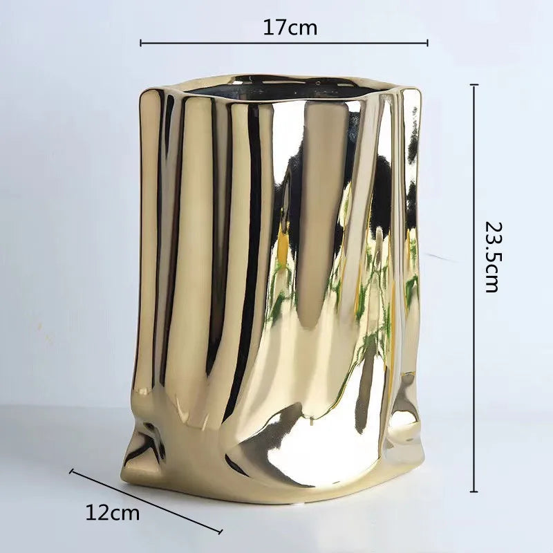 Silver Ruffled Flower Vase Ceramic Vase Porcelain Flower Arrangement Decoration Bag Shape Terrarium Home Decoration Vases Pots