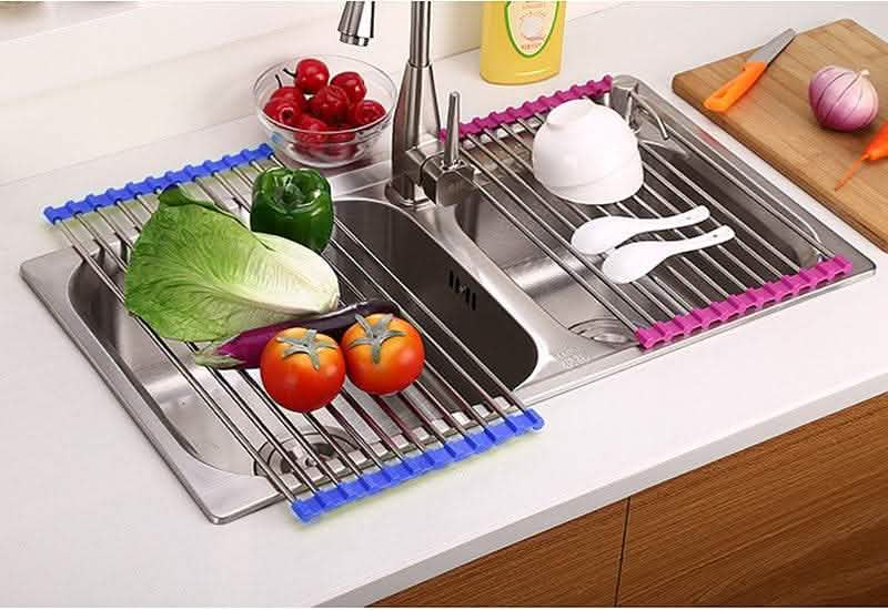 Folding Kitchen Drain Rack - Stainless Steel Sink Organizer - Vezir