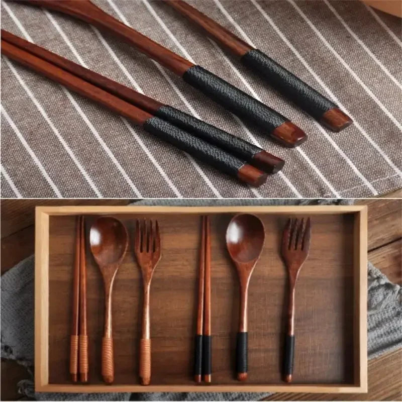 3 Piece Set Stainless Steel Cutlery Wooden Tableware Coffees and Teas Tableware Forks Spoon Korean Plates Dinner Sets Chopsticks