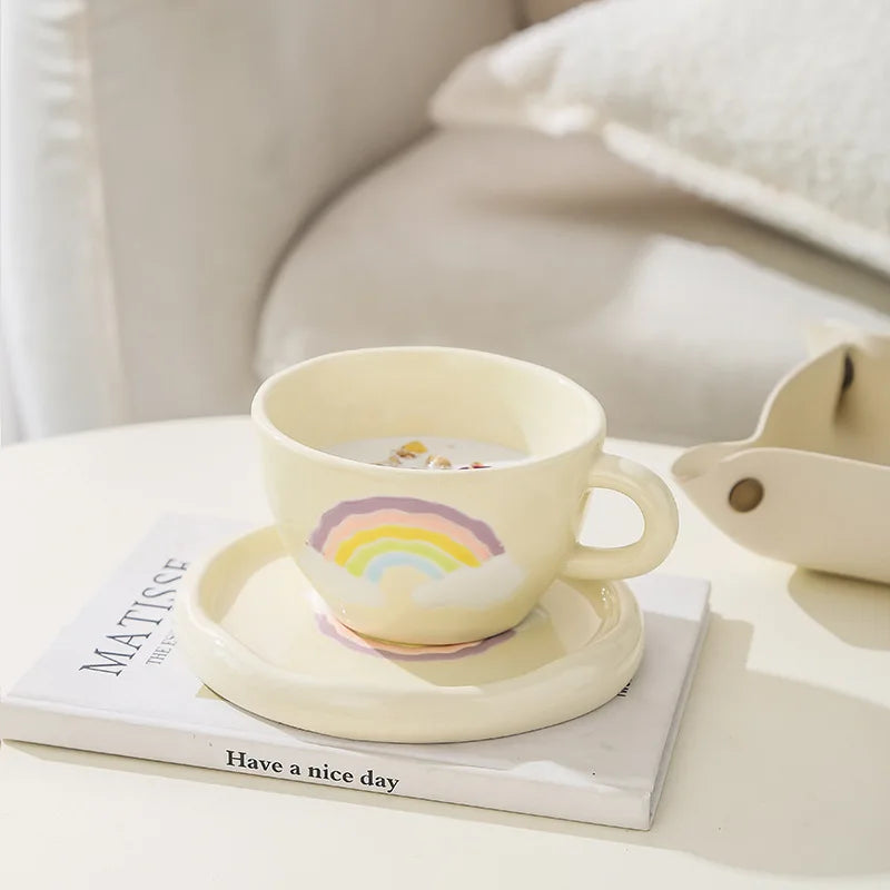 Cute Ceramic Mug for Coffee with Tray Saucer Hand Painted Rainbow Pattern Korean Style Cup for Girls Kids Lovers 250Ml 1 PC