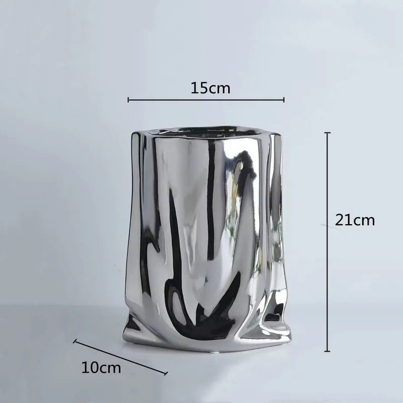 Silver Ruffled Flower Vase Ceramic Vase Porcelain Flower Arrangement Decoration Bag Shape Terrarium Home Decoration Vases Pots