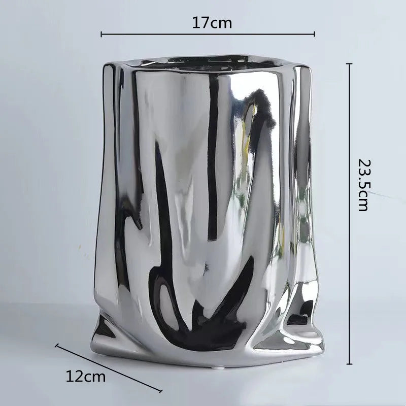 Silver Ruffled Flower Vase Ceramic Vase Porcelain Flower Arrangement Decoration Bag Shape Terrarium Home Decoration Vases Pots