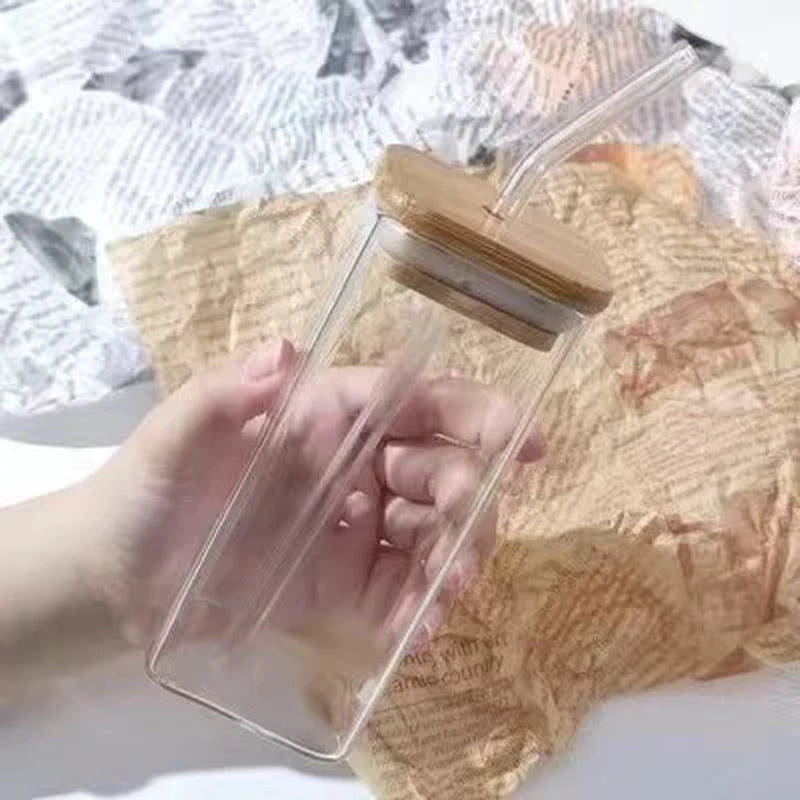 1Pcs Square Heat Resistant Coffee Glass Cup with Lid and Straw Transparent Milk Tea Juice Cups Coffee Mug for Home Bar Drinkware
