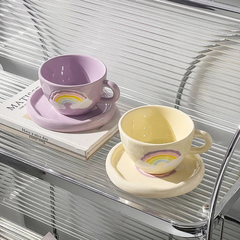 Cute Ceramic Mug for Coffee with Tray Saucer Hand Painted Rainbow Pattern Korean Style Cup for Girls Kids Lovers 250Ml 1 PC