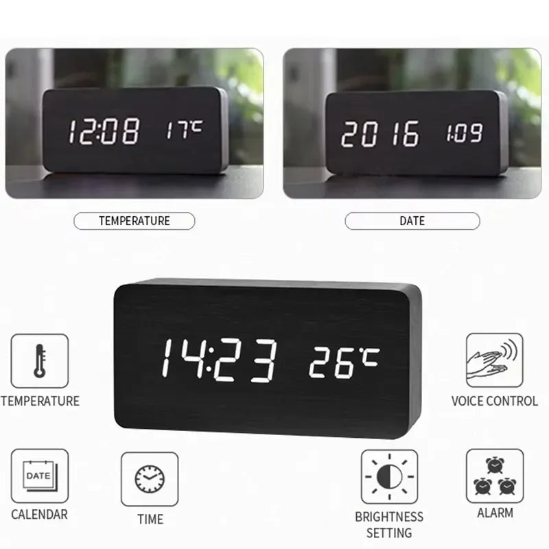 Wooden Digital Alarm Clock LED Table Clock with Temperature for Bedroom Office Desk Decorations
