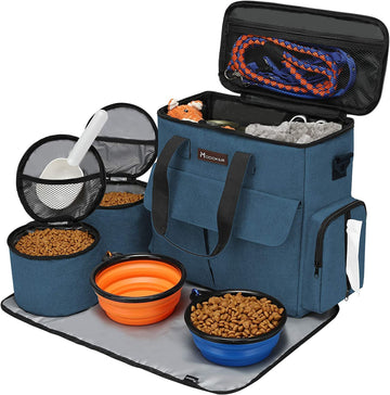 Dog Travel Bag, Weekend Pet Travel Set for Dog and Cat, Airline Approved Tote Organizer with Multi-Function Pockets, 2 Food Storage Containers, 2 Collapsible Bowls, 1 Feeding Mat (Blue) Blue