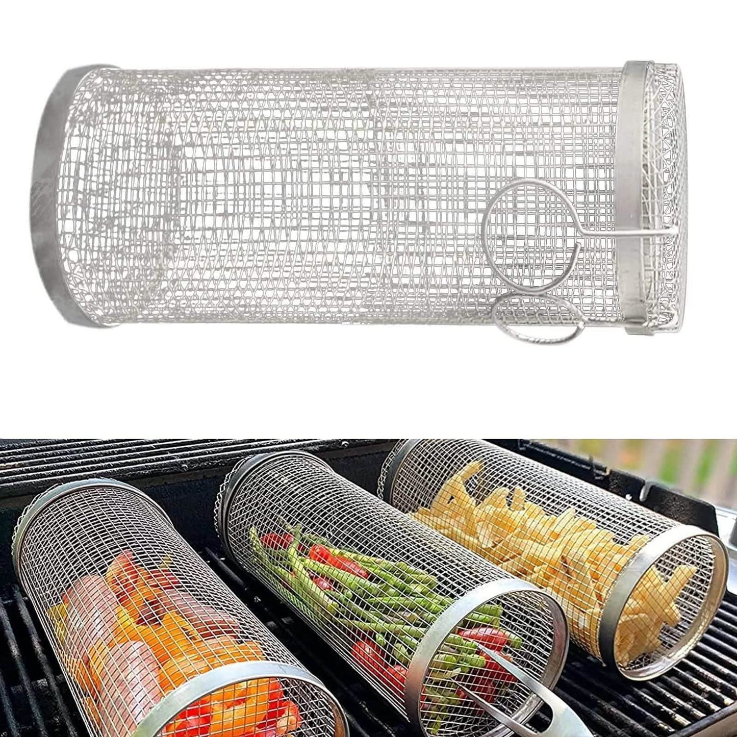 Rolling Grilling Basket - Metal BBQ Barbecue Net Rack - Vezir