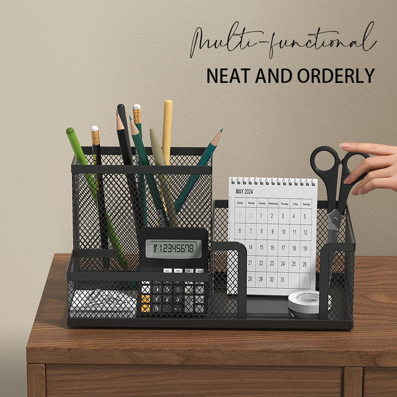 Black Mesh Desk Organizer - 3 Compartments with Pencil Holder & Storage Baskets, Tame Desktop Clutter Fast for Office Supplies
