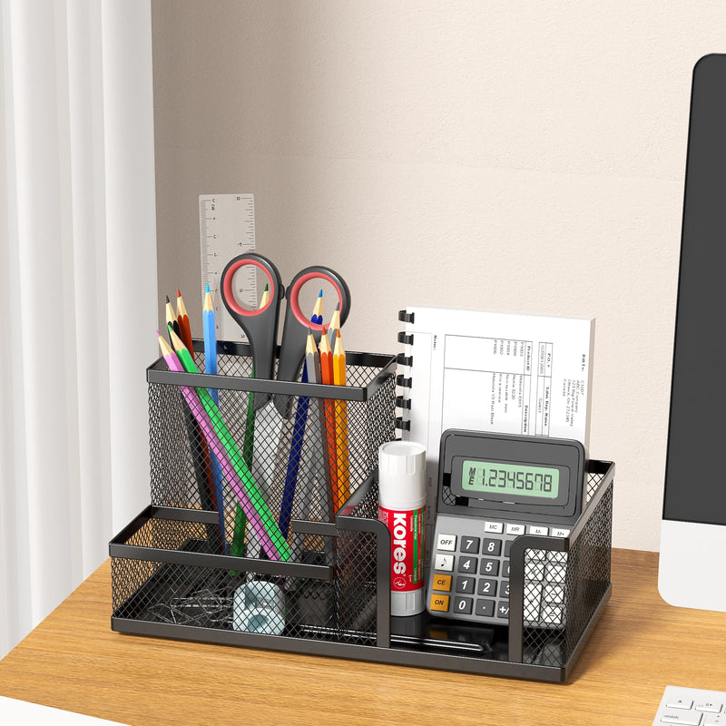 Black Mesh Desk Organizer - 3 Compartments with Pencil Holder & Storage Baskets, Tame Desktop Clutter Fast for Office Supplies