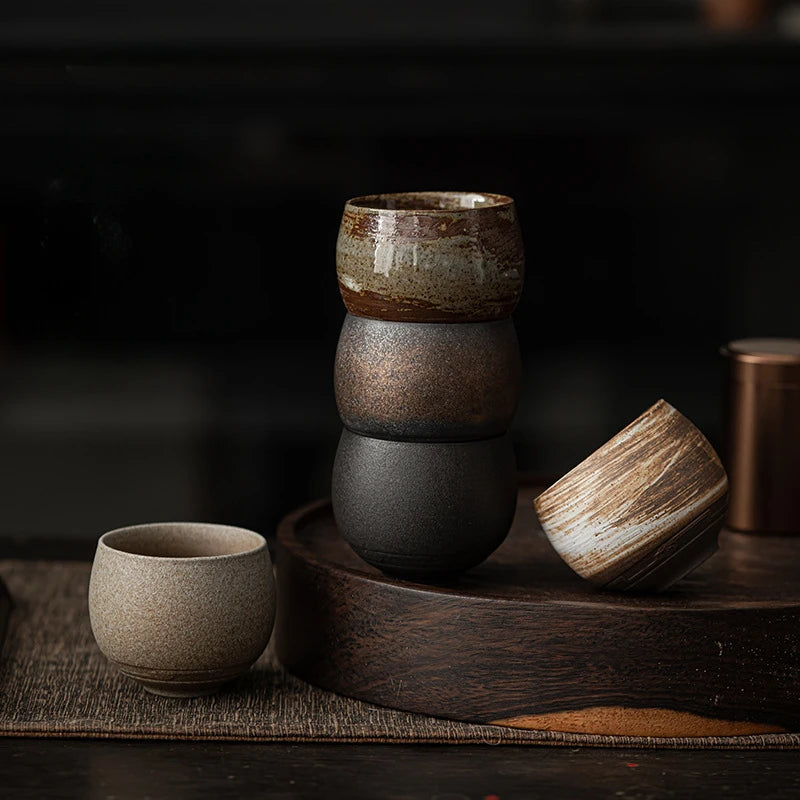 1Pc Japanese Style Handmade Stoneware Tea Cup Kung Fu Tea Set Tea Cup Small Single Cup Ancient Style Quiet Road Cup Bowl Teacup