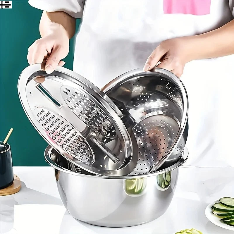 3-Piece Stainless Steel Multifunctional Strainer, and Mixing Bowl for Washing and Slicing Fruits, Vegetables