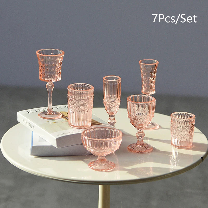 7Pcs 1:6 Dollhouse Miniature Water Cup Wine Glass Champagne Glass Cup Kitchen Decor Doll House Accessories