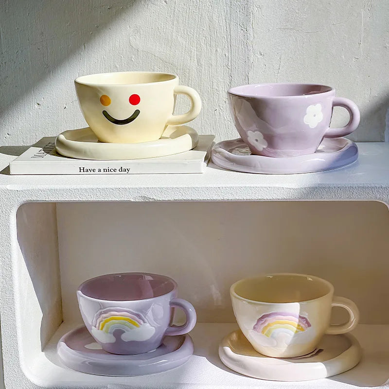 Cute Ceramic Mug for Coffee with Tray Saucer Hand Painted Rainbow Pattern Korean Style Cup for Girls Kids Lovers 250Ml 1 PC