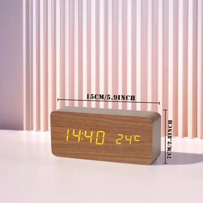 Wooden Digital Alarm Clock LED Table Clock with Temperature for Bedroom Office Desk Decorations
