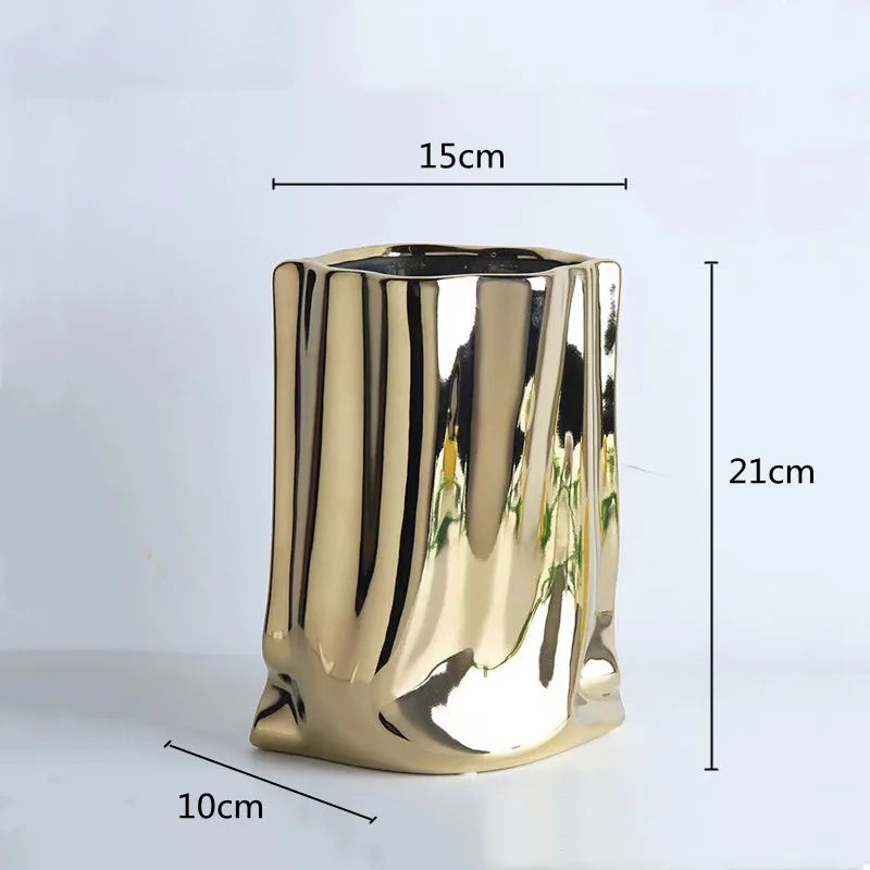 Silver Ruffled Flower Vase Ceramic Vase Porcelain Flower Arrangement Decoration Bag Shape Terrarium Home Decoration Vases Pots