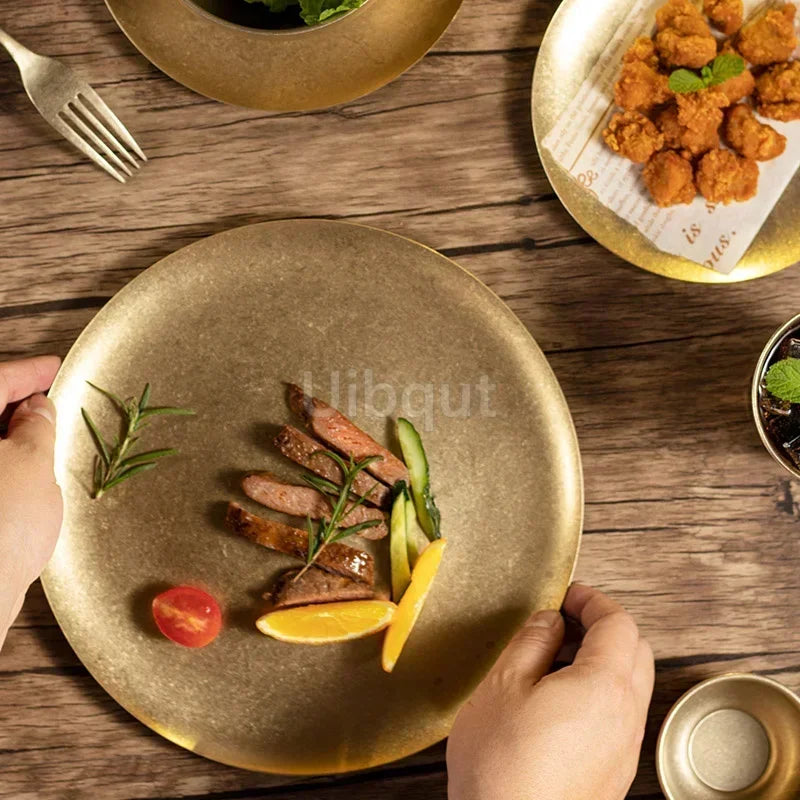 Gold Vintage Industrial Style Metal Dinner Plate Stainless Steel Outdoor Camping Western Food Plates French Restaurant Bone Dish