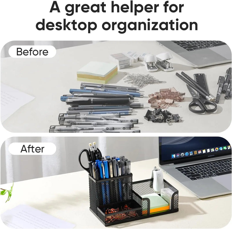 Black Mesh Desk Organizer - 3 Compartments with Pencil Holder & Storage Baskets, Tame Desktop Clutter Fast for Office Supplies