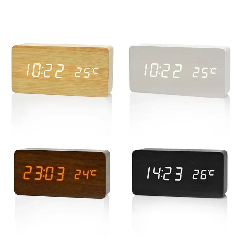 Wooden Digital Alarm Clock LED Table Clock with Temperature for Bedroom Office Desk Decorations