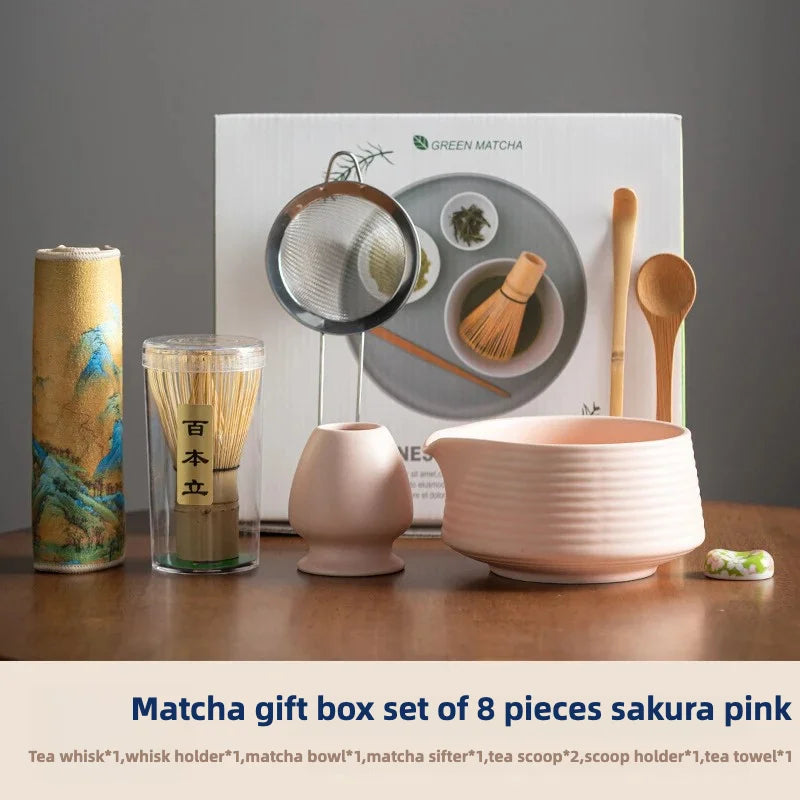 2025 Hot 8PCS Premium Matcha Tea Set Japanese Ceremonial Ceramic Bowl Whisk Gift Set Box Starter Kit Sustainable Eco-Friendly