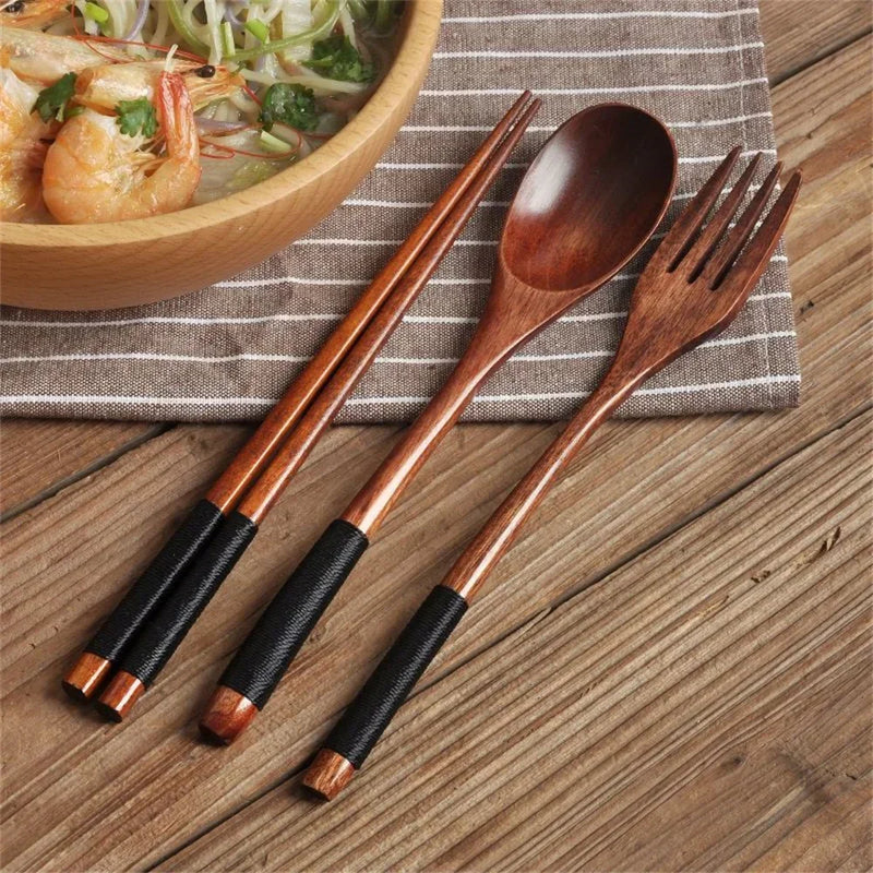 3 Piece Set Stainless Steel Cutlery Wooden Tableware Coffees and Teas Tableware Forks Spoon Korean Plates Dinner Sets Chopsticks