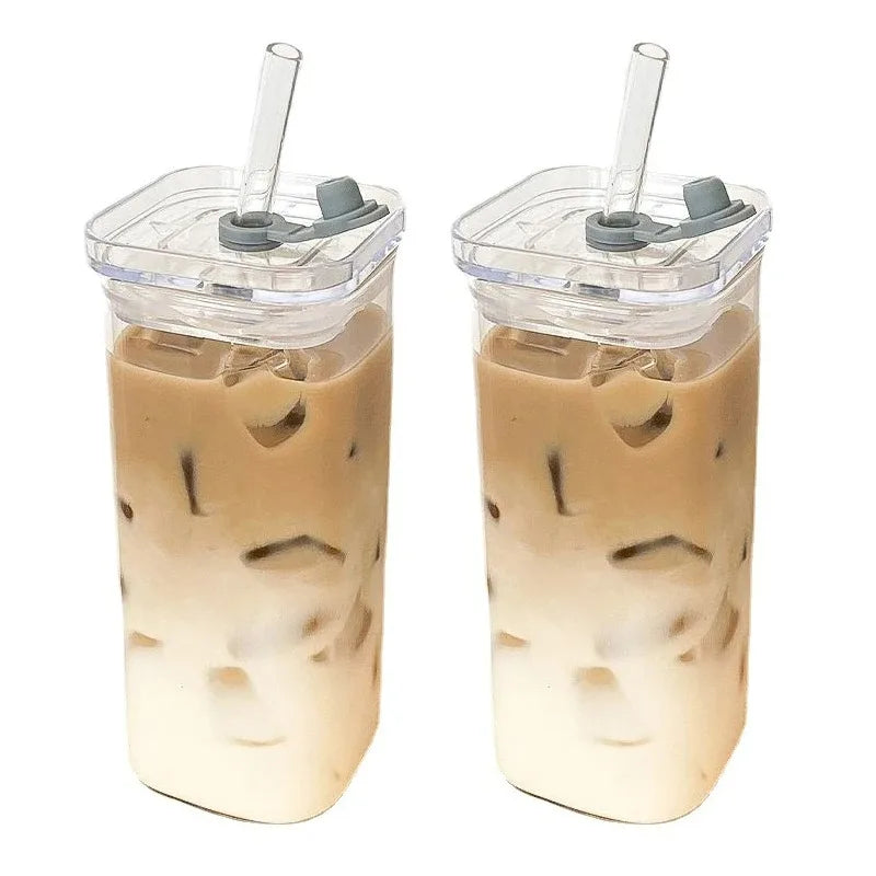 1Pcs Square Heat Resistant Coffee Glass Cup with Lid and Straw Transparent Milk Tea Juice Cups Coffee Mug for Home Bar Drinkware