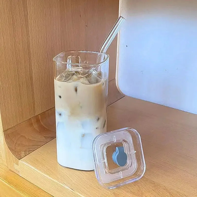1Pcs Square Heat Resistant Coffee Glass Cup with Lid and Straw Transparent Milk Tea Juice Cups Coffee Mug for Home Bar Drinkware