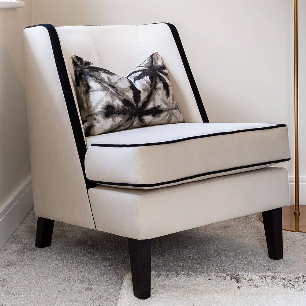 Cream Velvet Accent Chair with Black Piping