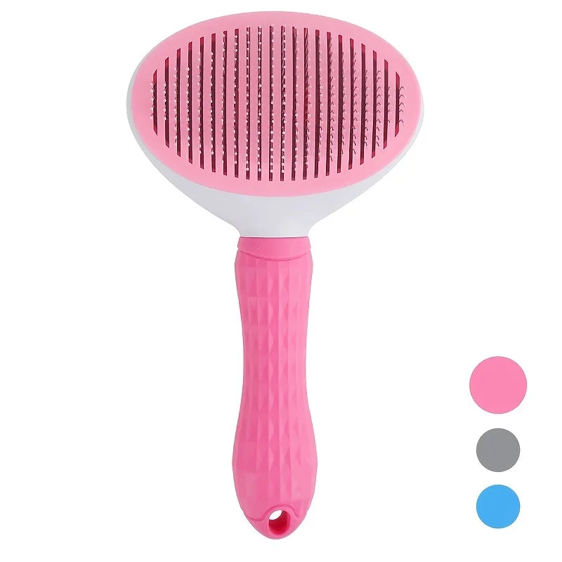 One-Click Pet Hair Removal Comb for Effortless Grooming of Dogs and Cats - Float Hair Removal Slicker Brush with Automatic Funct Pink Fine-Needle Comb