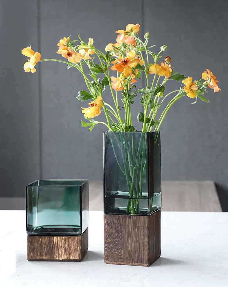Transparent Glass Vase - Wood Color Flower Arrangement Set - Vezir