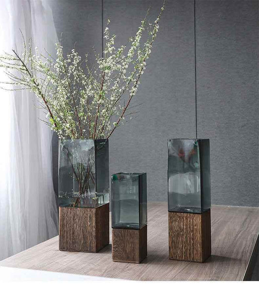 Transparent Glass Vase - Wood Color Flower Arrangement Set - Vezir