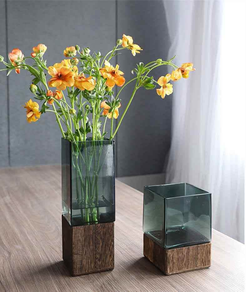 Transparent Glass Vase - Wood Color Flower Arrangement Set - Vezir
