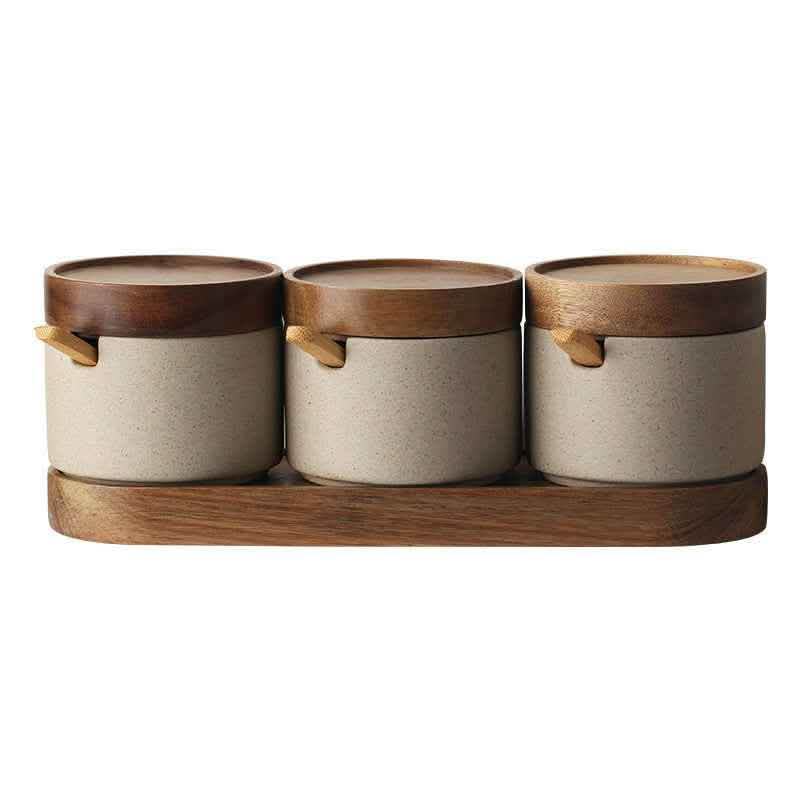 Ceramic Seasoning Pot Set - 3-Piece Acacia Wood Tray - Vezir