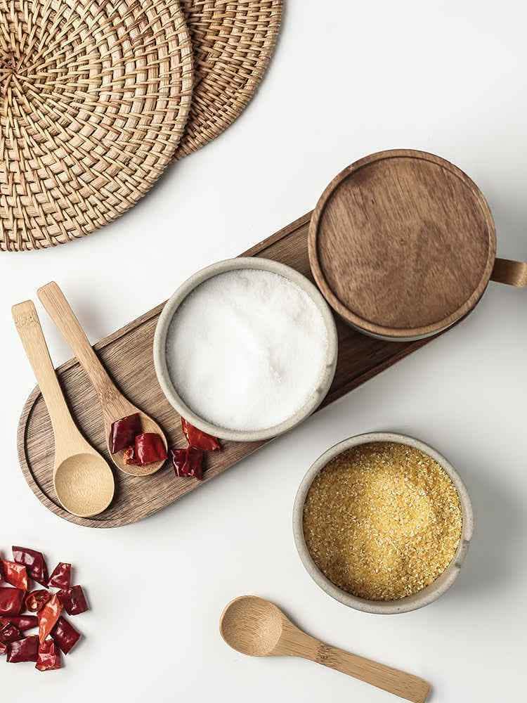 Ceramic Seasoning Pot Set - 3-Piece Acacia Wood Tray - Vezir