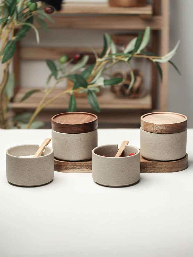 Ceramic Seasoning Pot Set - 3-Piece Acacia Wood Tray - Vezir