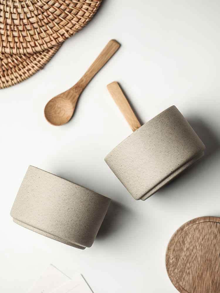 Ceramic Seasoning Pot Set - 3-Piece Acacia Wood Tray - Vezir