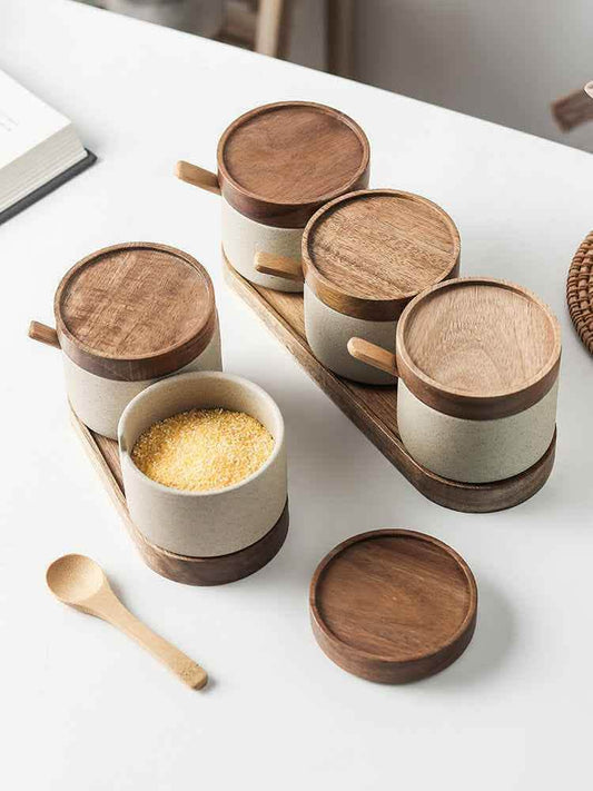 Ceramic Seasoning Pot Set - 3-Piece Acacia Wood Tray - Vezir