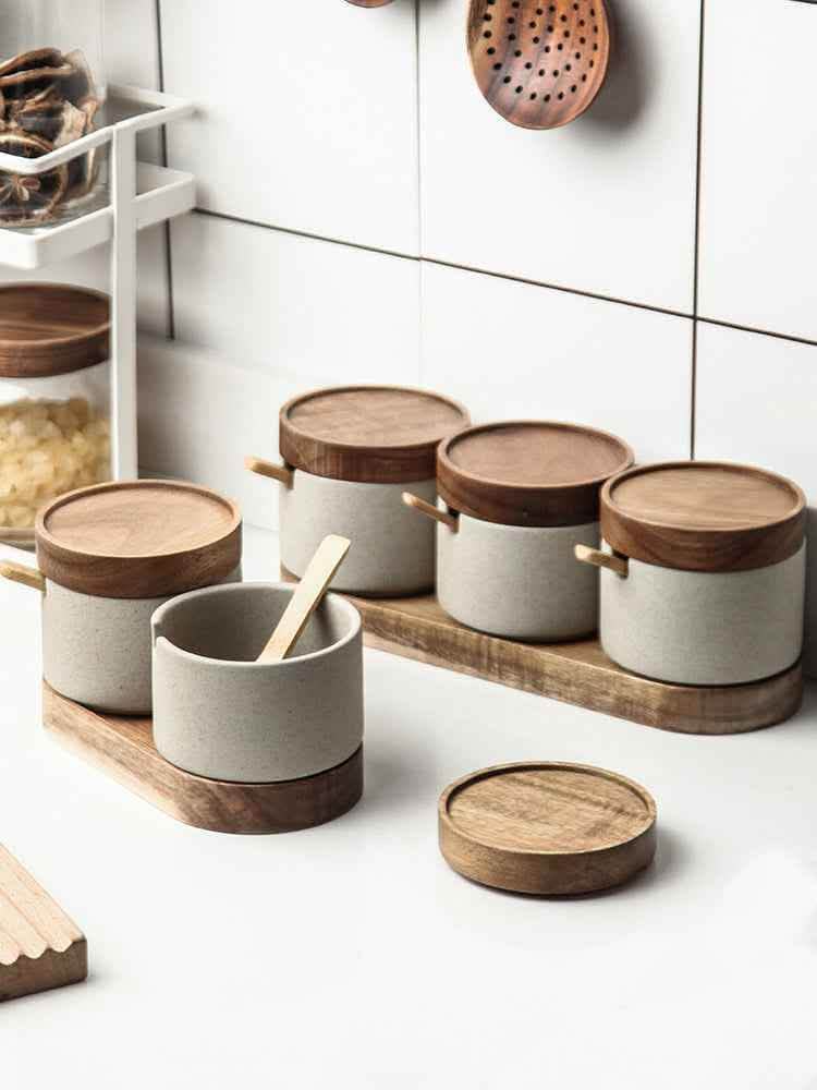 Ceramic Seasoning Pot Set - 3-Piece Acacia Wood Tray - Vezir