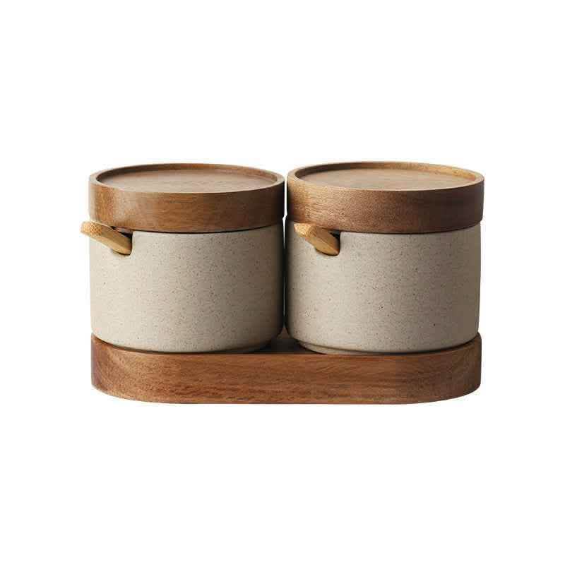 Ceramic Seasoning Pot Set - 3-Piece Acacia Wood Tray - Vezir