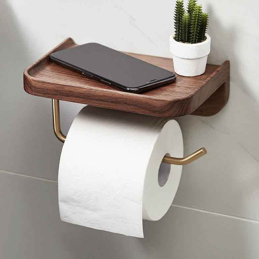 Solid Wood Wall-Mounted Paper Towel Rack - Walnut Brass Holder - Vezir
