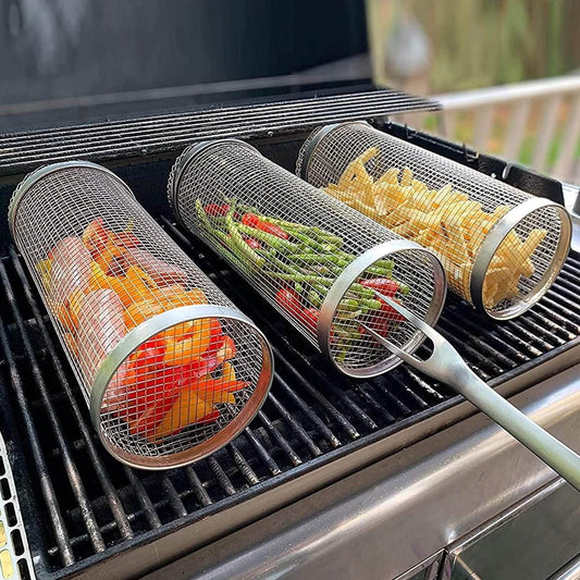 Rolling Grilling Basket - Metal BBQ Barbecue Net Rack - Vezir
