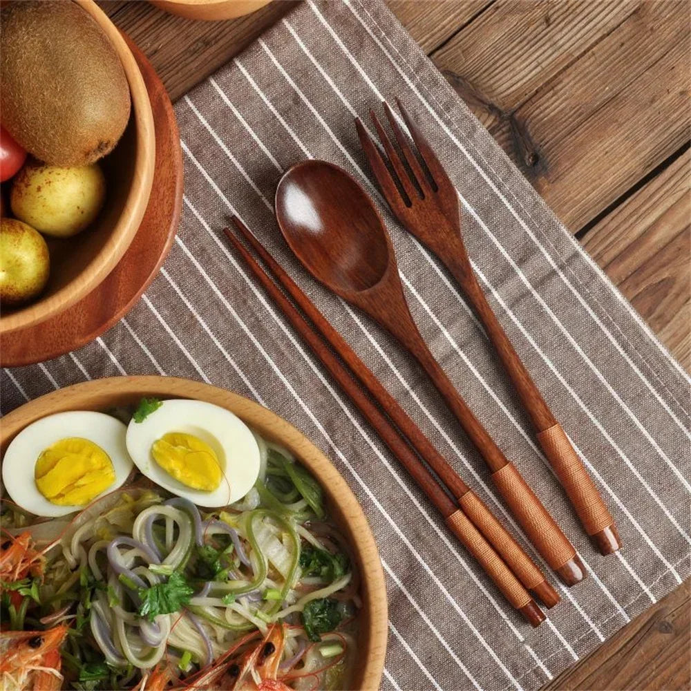 3 Piece Set Stainless Steel Cutlery Wooden Tableware Coffees and Teas Tableware Forks Spoon Korean Plates Dinner Sets Chopsticks