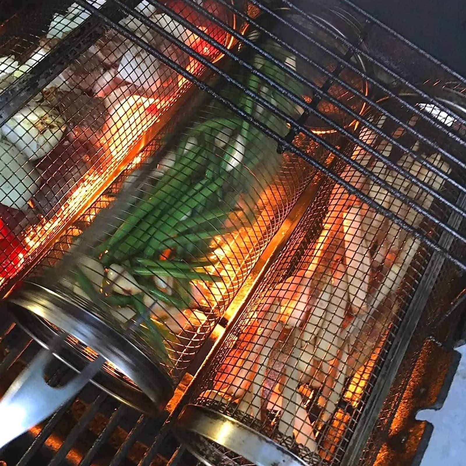 Rolling Grilling Basket - Metal BBQ Barbecue Net Rack - Vezir
