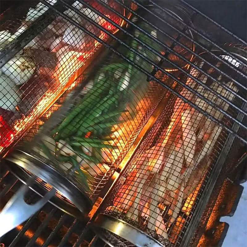 Rolling Grilling Basket - Metal BBQ Barbecue Net Rack - Vezir
